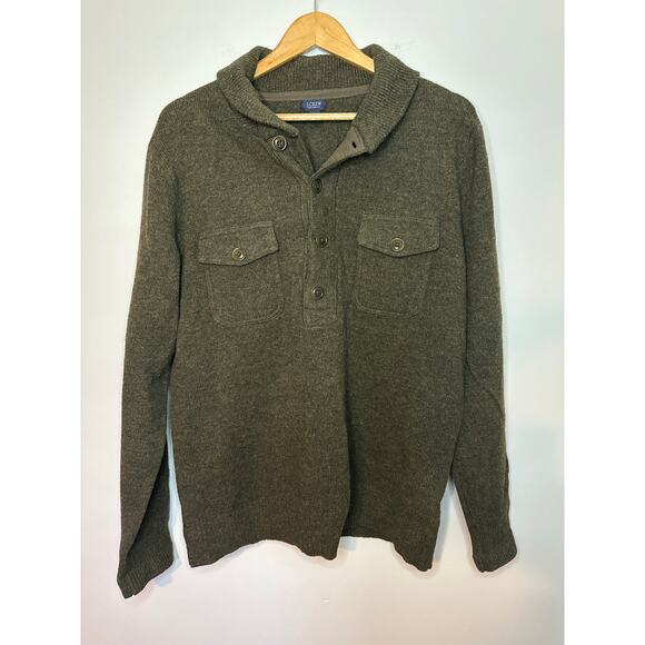J. Crew Other - J Crew 100% Lambswool Sweater Collar Button Chest Pockets Size Large Green